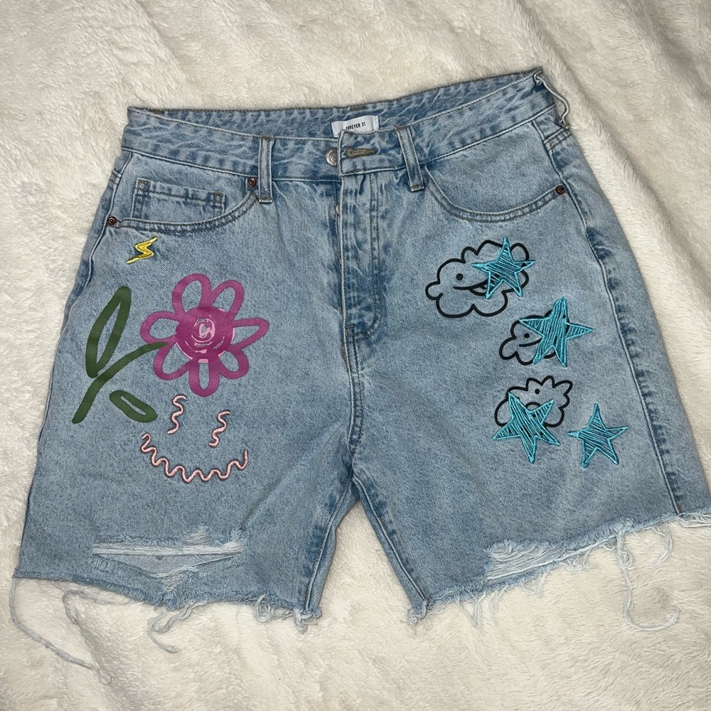 Forever 21 Light Blue Embroidered Jean Shorts